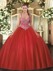 Coral Red V-neck Lace Up Beading Sweet 16 Dresses Sleeveless