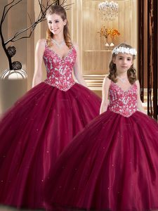 Floor Length Wine Red Ball Gown Prom Dress V-neck Sleeveless Lace Up