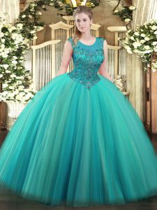 Gorgeous Turquoise Tulle Zipper 15 Quinceanera Dress Sleeveless Floor Length Beading