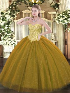 Edgy Sweetheart Sleeveless Quinceanera Gowns Floor Length Appliques Brown Tulle and Sequined