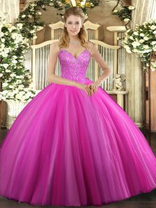Ball Gowns Sweet 16 Dress Fuchsia V-neck Tulle Sleeveless Floor Length Lace Up