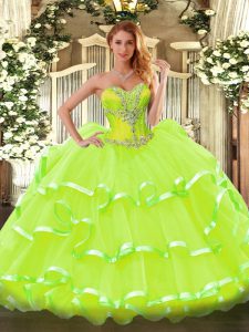 Fabulous Yellow Green Sweet 16 Dress Sweet 16 and Quinceanera with Beading and Ruffled Layers Sweetheart Sleeveless Lace