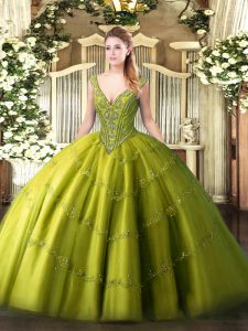 Clearance Olive Green Ball Gowns Tulle V-neck Sleeveless Beading and Appliques Floor Length Lace Up Sweet 16 Dress