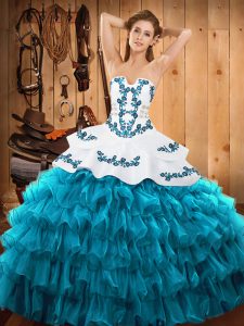 Adorable Floor Length Ball Gowns Sleeveless Blue And White Quince Ball Gowns Lace Up