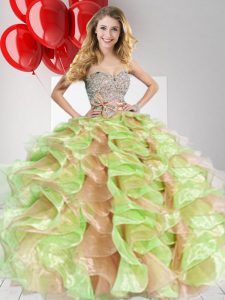 High End Sleeveless Floor Length Beading and Ruffles and Bowknot Zipper Quinceanera Gown with Multi-color