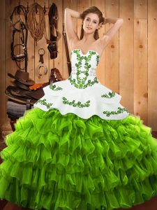 Sweet Sleeveless Satin and Organza Floor Length Lace Up 15 Quinceanera Dress in with Embroidery and Ruffled Layers