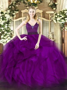 High Class Purple Zipper Straps Beading and Ruffles Quince Ball Gowns Organza Sleeveless