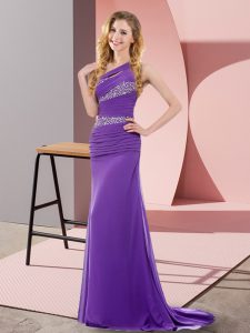 Decent Purple Prom Evening Gown Prom and Party with Beading One Shoulder Sleeveless Sweep Train Lace Up