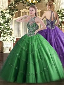 Floor Length Lace Up Ball Gown Prom Dress Green for Sweet 16 and Quinceanera with Beading