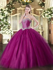 Charming Sweetheart Sleeveless Lace Up 15th Birthday Dress Fuchsia Tulle