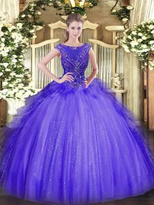 Lavender Tulle Zipper Ball Gown Prom Dress Sleeveless Floor Length Beading