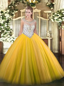 Deluxe Gold Ball Gowns Beading Quinceanera Dresses Zipper Tulle Sleeveless Floor Length