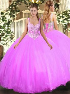 Exquisite Lilac Ball Gowns Beading Quince Ball Gowns Lace Up Tulle Sleeveless Floor Length