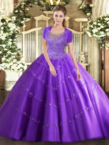 Tulle Scoop Sleeveless Clasp Handle Beading and Appliques Sweet 16 Dresses in Lavender