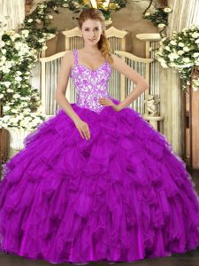 Beading and Appliques and Ruffles Sweet 16 Dress Fuchsia Lace Up Sleeveless Floor Length
