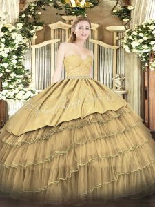 Spectacular Beading and Lace and Embroidery and Ruffled Layers Sweet 16 Quinceanera Dress Gold Zipper Sleeveless Floor L