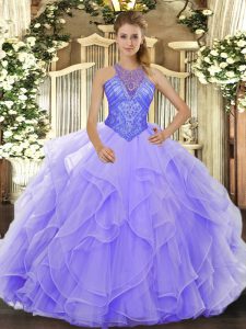 Custom Fit Sleeveless Organza Floor Length Lace Up 15 Quinceanera Dress in Lavender with Beading and Ruffles