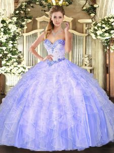 Discount Lavender Ball Gowns Organza Sweetheart Sleeveless Beading and Ruffles Floor Length Lace Up Quinceanera Dress