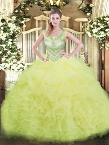 Customized Yellow Green Lace Up Quinceanera Gown Beading and Ruffles and Pick Ups Sleeveless Floor Length