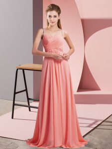 Adorable Watermelon Red Backless Spaghetti Straps Ruching Prom Gown Chiffon Sleeveless Sweep Train