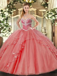 Ball Gowns Sweet 16 Dresses Coral Red Sweetheart Tulle Sleeveless Floor Length Lace Up
