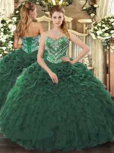 Dark Green Sleeveless Tulle Lace Up Sweet 16 Dresses for Military Ball and Quinceanera