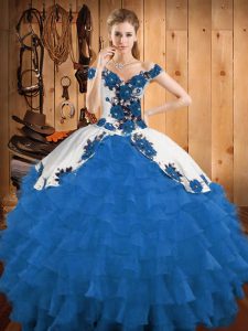 Artistic Organza Off The Shoulder Sleeveless Lace Up Embroidery and Ruffled Layers Vestidos de Quinceanera in Blue And W