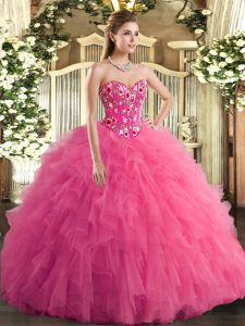 Super Hot Pink Sleeveless Tulle Lace Up Sweet 16 Dresses for Military Ball and Sweet 16 and Quinceanera