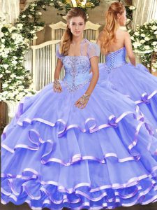 Chic Lavender Sleeveless Appliques and Ruffled Layers Floor Length Quinceanera Dresses