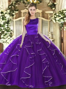 Purple Tulle Lace Up 15 Quinceanera Dress Sleeveless Floor Length Ruffles