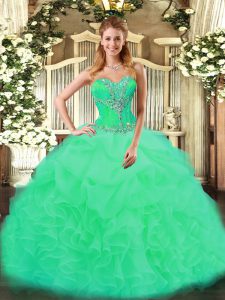 Elegant Organza Sweetheart Sleeveless Lace Up Beading and Ruffles Sweet 16 Quinceanera Dress in Turquoise