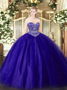 Captivating Sleeveless Tulle Floor Length Lace Up Quinceanera Gown in Blue with Beading