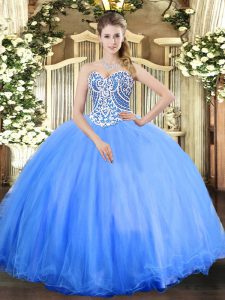 Admirable Baby Blue Ball Gowns Sweetheart Sleeveless Tulle Floor Length Lace Up Beading Sweet 16 Quinceanera Dress