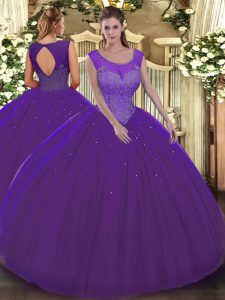 Graceful Sleeveless Floor Length Beading Backless Quince Ball Gowns with Purple