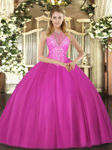 Ball Gowns Quinceanera Dress Fuchsia High-neck Tulle Sleeveless Floor Length Lace Up