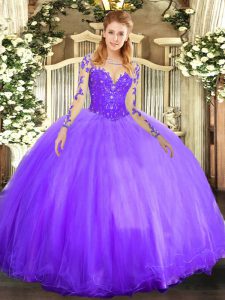 Lavender Tulle Lace Up Scoop Long Sleeves Floor Length Quinceanera Gown Lace