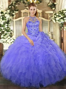 High Quality Floor Length Blue 15th Birthday Dress Halter Top Sleeveless Lace Up