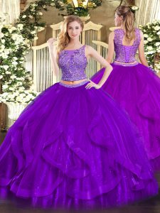 Great Floor Length Two Pieces Sleeveless Purple Quince Ball Gowns Lace Up
