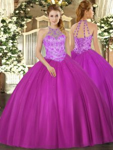 Fuchsia Halter Top Lace Up Beading Sweet 16 Dress Sleeveless
