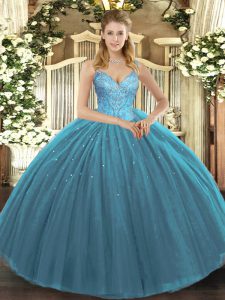 Teal Ball Gowns V-neck Sleeveless Tulle Floor Length Lace Up Beading Sweet 16 Quinceanera Dress