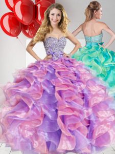 Spectacular Multi-color Zipper 15th Birthday Dress Beading and Ruffles and Bowknot Sleeveless Floor Length