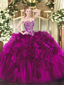 Most Popular Fuchsia Ball Gowns Beading and Ruffles Sweet 16 Dress Lace Up Organza Sleeveless Floor Length