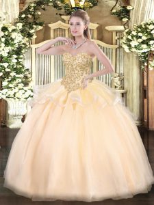 Designer Sweetheart Sleeveless Sweet 16 Dresses Floor Length Appliques Champagne Organza