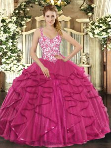 Traditional Straps Sleeveless Tulle Vestidos de Quinceanera Beading and Appliques and Ruffles Lace Up