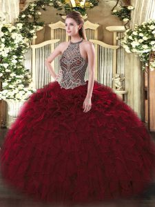 Excellent Wine Red Ball Gowns Beading and Ruffles Quinceanera Dresses Lace Up Organza Sleeveless Floor Length