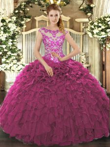 Cute Fuchsia Ball Gowns Organza Scoop Cap Sleeves Beading and Appliques and Ruffles Floor Length Lace Up Quinceanera Gow