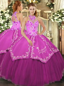 Deluxe Fuchsia Sleeveless Beading and Embroidery Floor Length Quinceanera Gown
