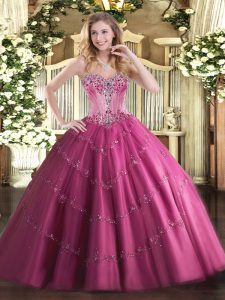 Popular Floor Length Ball Gowns Sleeveless Fuchsia Quince Ball Gowns Lace Up
