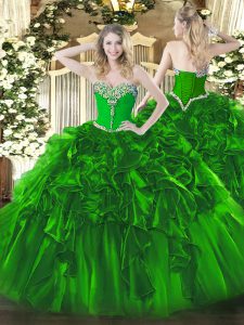 Green 15 Quinceanera Dress Military Ball and Sweet 16 and Quinceanera with Beading and Ruffles Sweetheart Sleeveless Lac