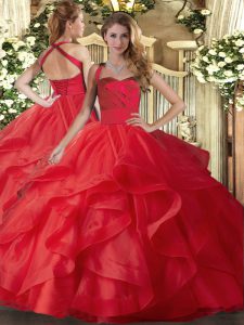 Chic Halter Top Sleeveless Quince Ball Gowns Floor Length Ruffles Red Tulle